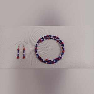 Red,white and blue beaded memory wire bracelet and earrings